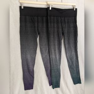 Lot of 2: Marika Leggings, Large, Striped Ombre Green and Purple, Ribbed Waist